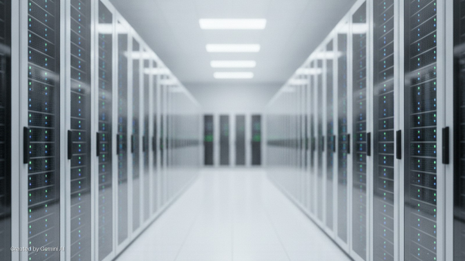 A brightly lit data center aisle features rows of server racks on either side, displaying numerous small blue and green indicator lights, extending into a soft-focus background with rectangular ceiling lights.