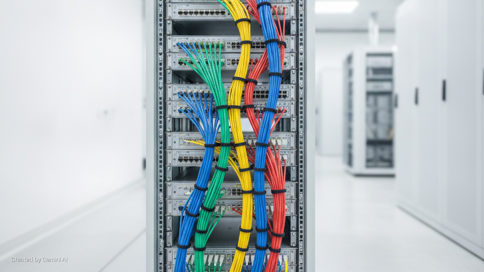 A server rack with neatly organized blue, green, yellow, and red network cables stands in a brightly lit data center with other white server cabinets in the background.