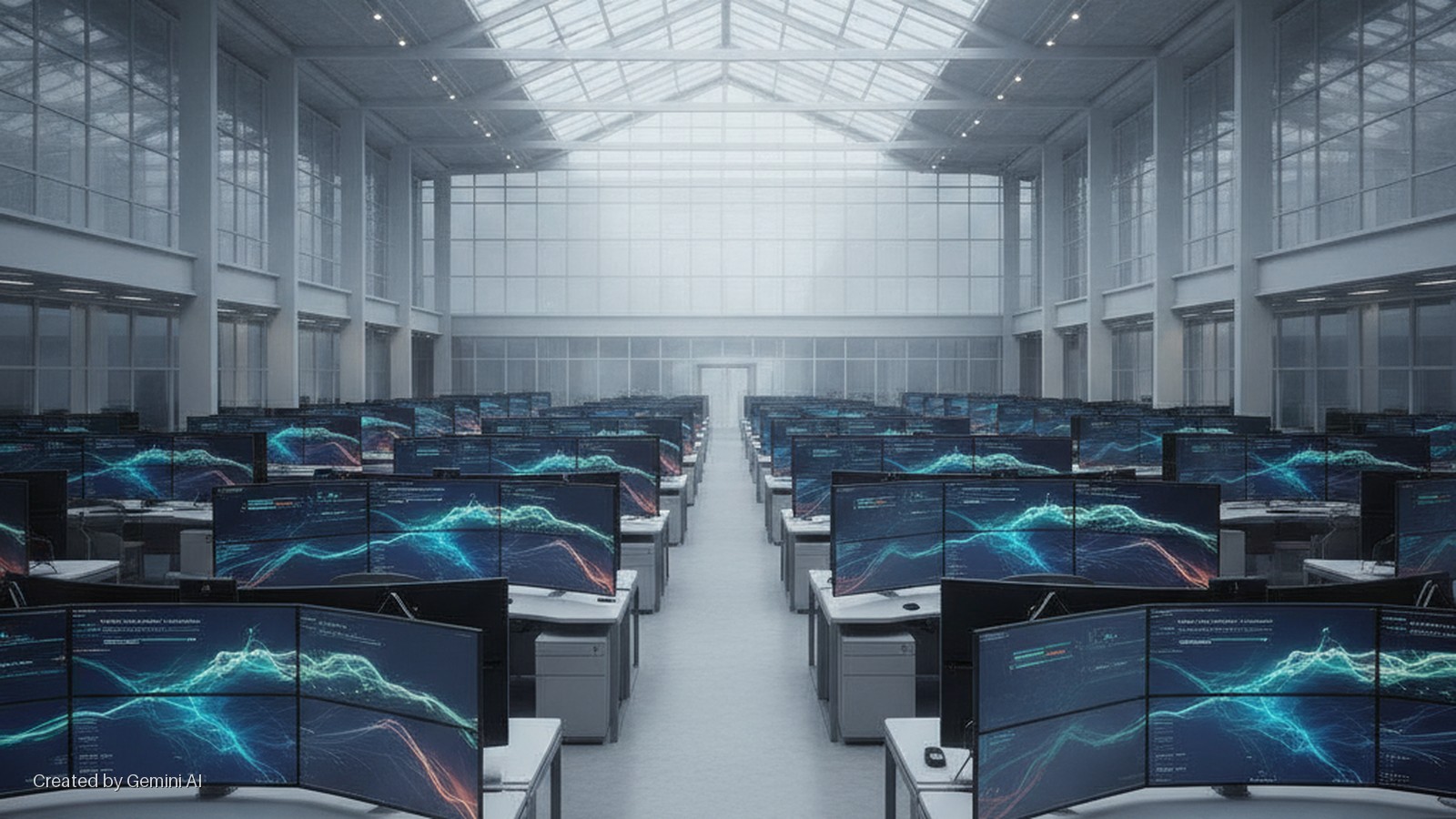 A vast, brightly lit, minimalist modern office with high ceilings and large windows, filled with numerous desks, each featuring multiple computer monitors displaying vibrant data visualizations.