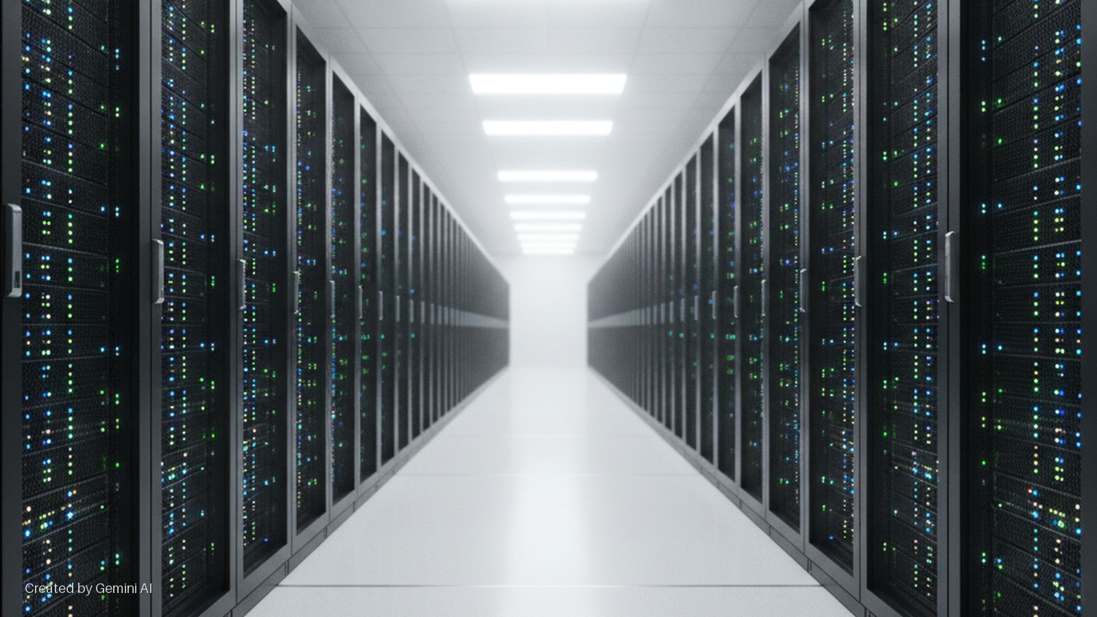A brightly lit data center hallway extends into the distance, flanked by two long rows of black server racks with numerous blinking blue and green indicator lights.