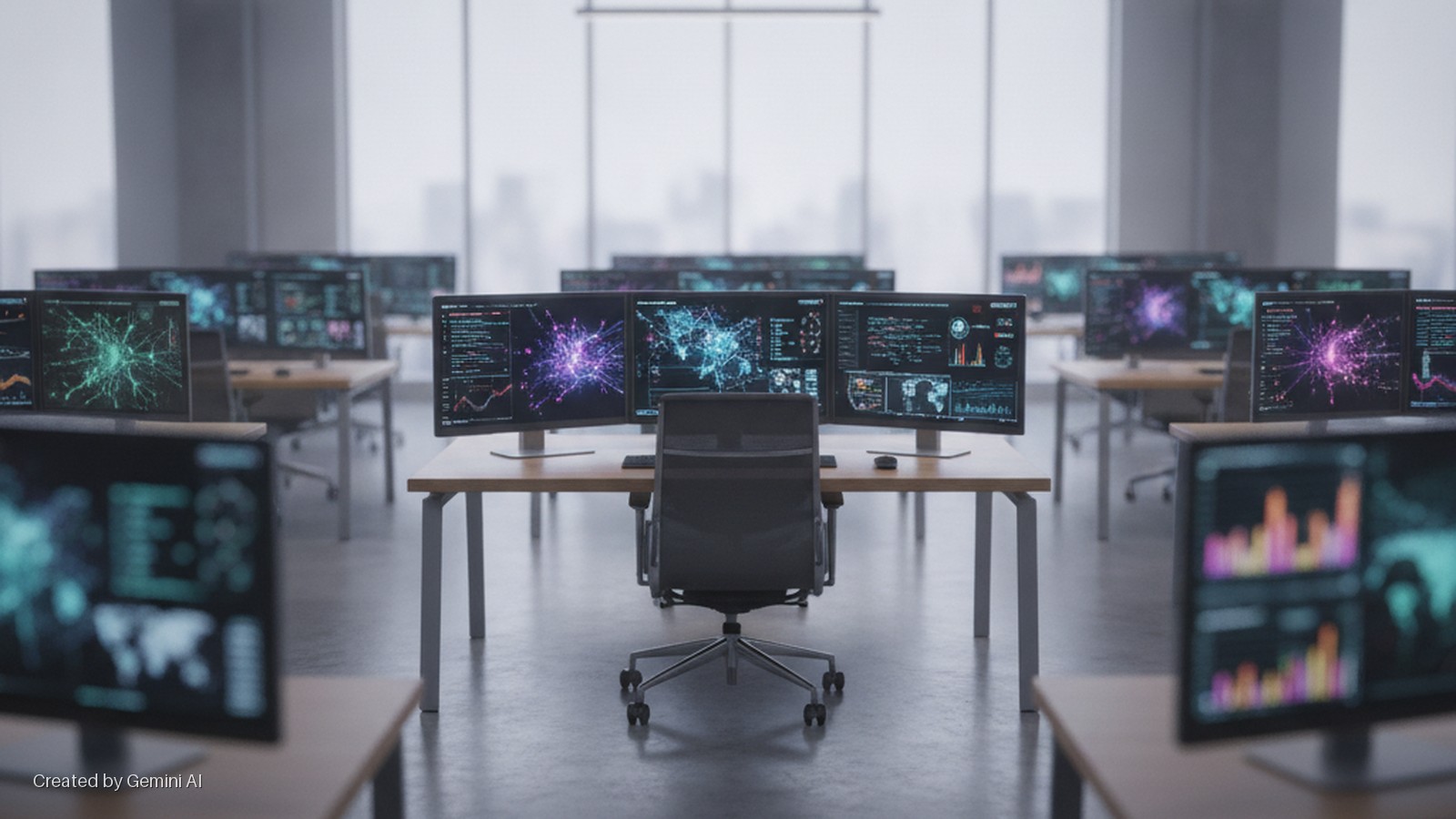 An empty, brightly lit control room features multiple rows of desks, each equipped with several computer monitors displaying colorful data visualizations and network maps, with natural light from large windows.