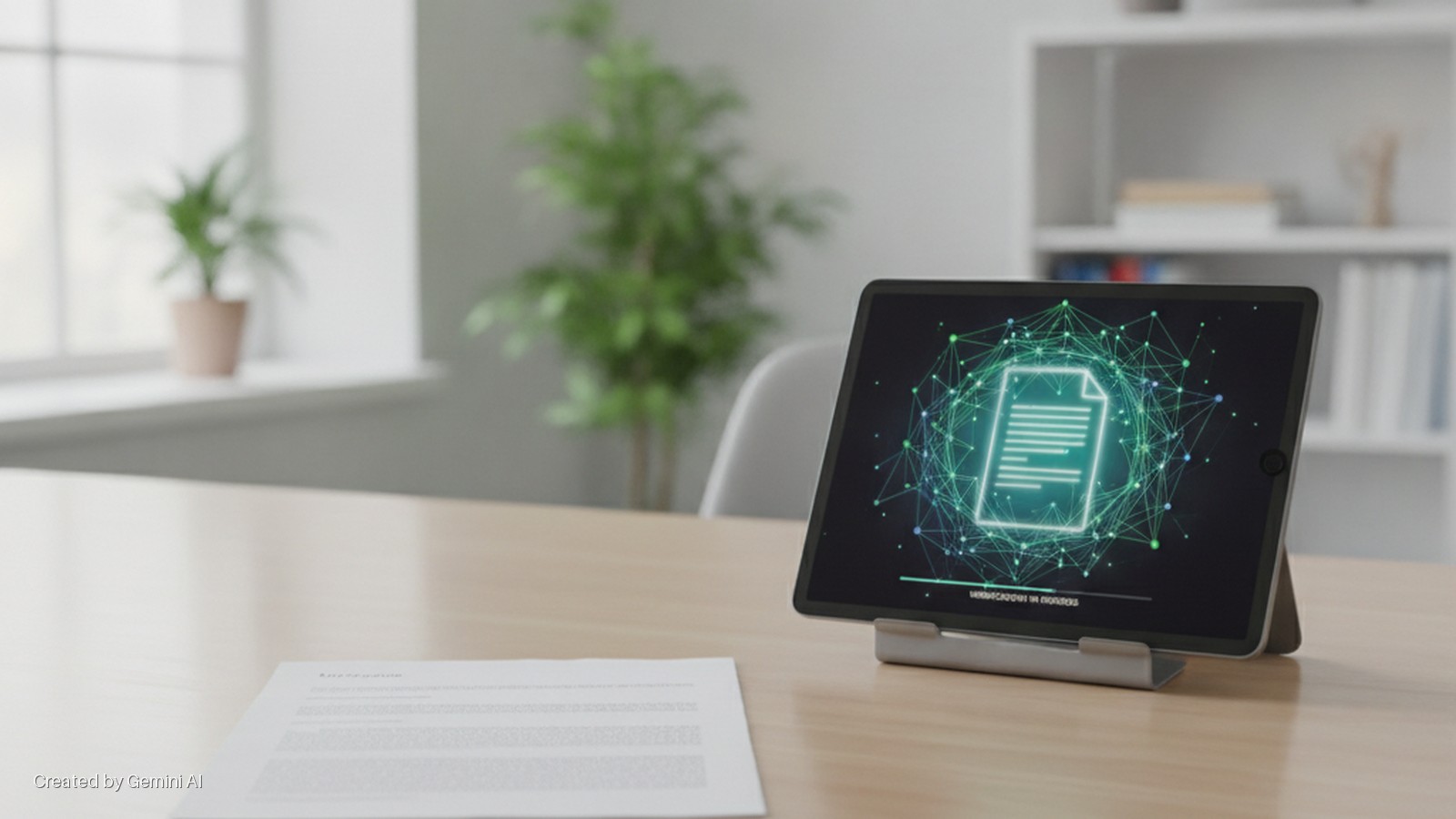 A paper document rests on a light wooden desk next to a tablet displaying a glowing digital document icon within a network graphic and a "PROCESSING IN PROGRESS" message, in a brightly lit office with a blurred background featuring a window