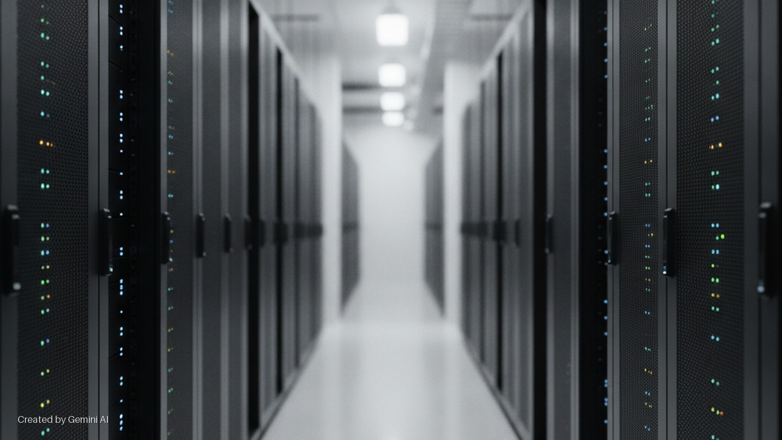 A brightly lit data center hallway shows rows of black server racks covered in numerous small, glowing multi-colored indicator lights, extending into the blurry distance under overhead fluorescent lights.