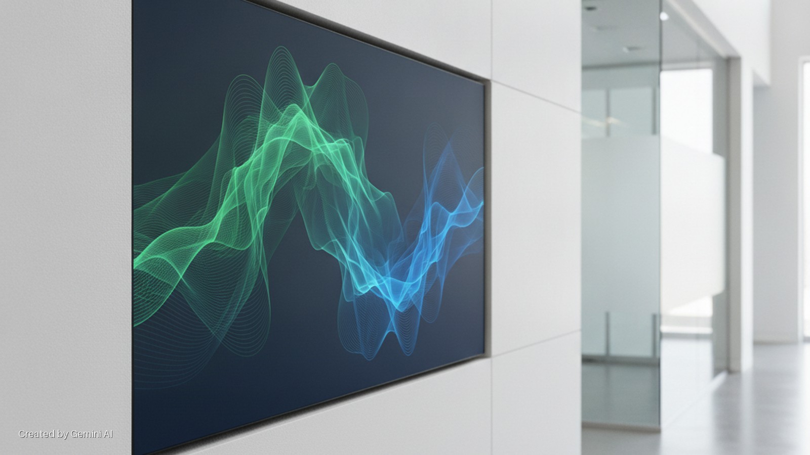 A large screen displaying an abstract graphic of flowing green and blue lines is set into a white modular wall in a brightly lit modern office hallway with glass partitions.