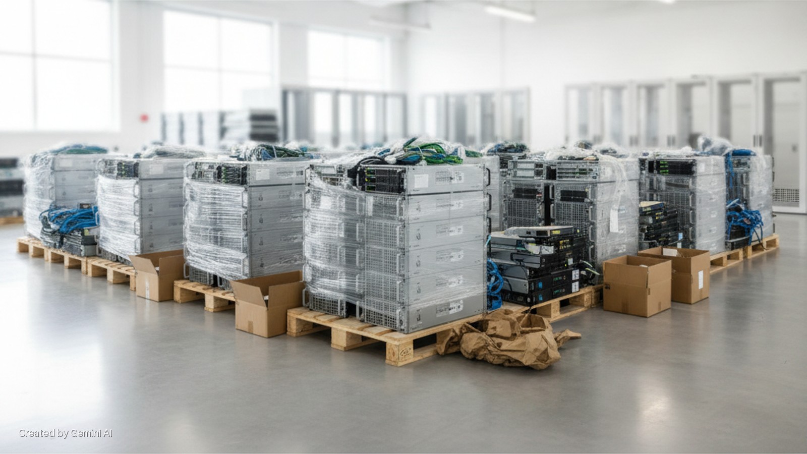 Stacks of plastic-wrapped servers on wooden pallets, accompanied by loose cables, cardboard boxes, and crumpled paper, are arranged on a light gray floor in a brightly lit data center with server cabinets in the background.