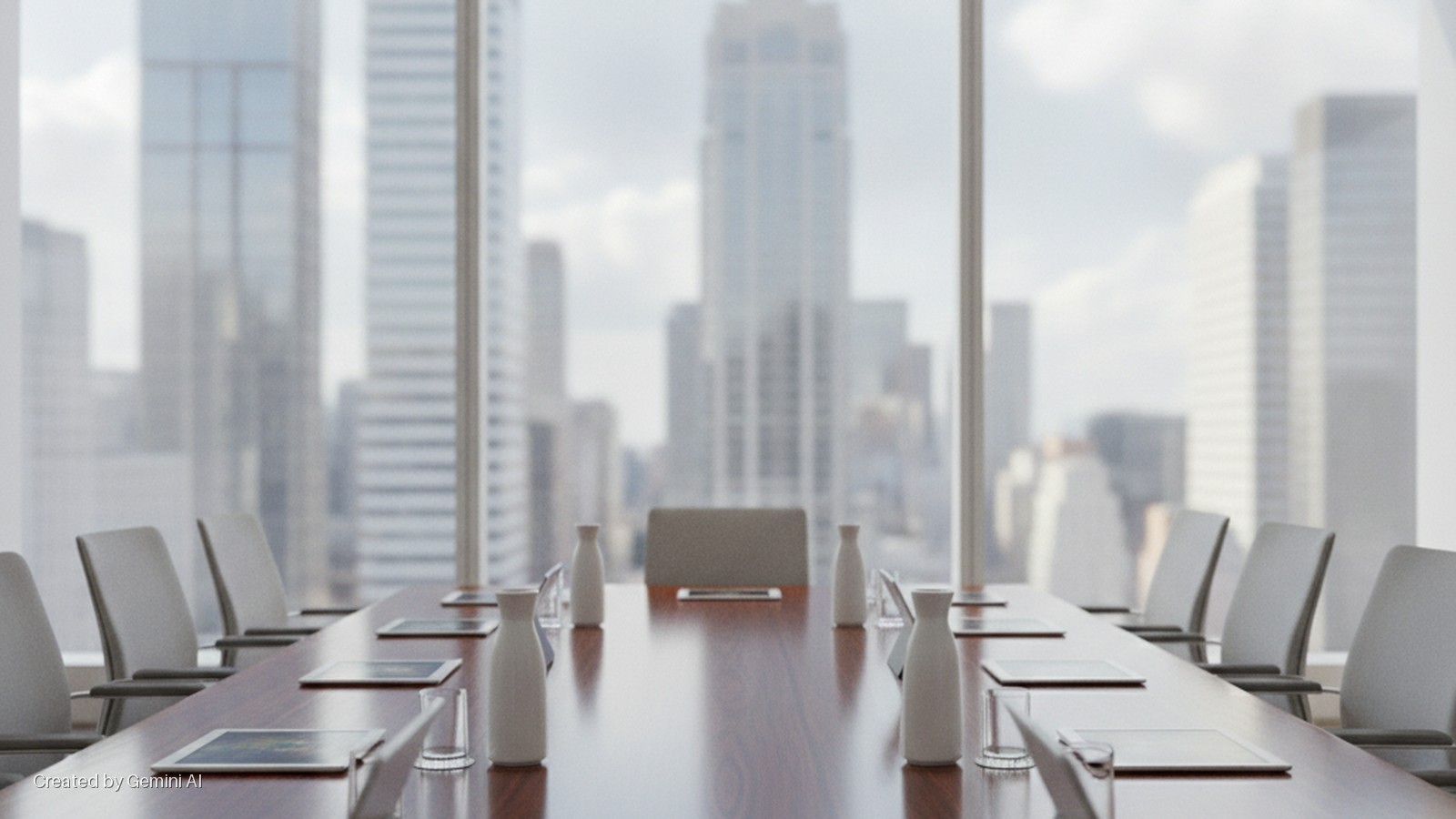 A modern conference room features a long wooden table surrounded by chairs and set with white carafes, glasses, and tablets, overlooking a bright city skyline through large windows.