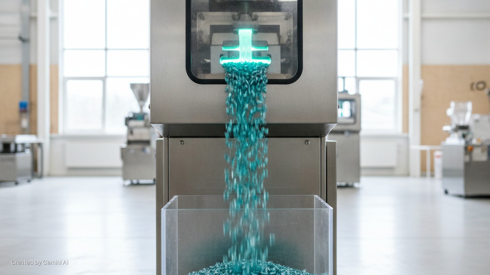 A stainless steel industrial machine dispenses a glowing stream of small, turquoise pellets into a clear plastic bin in a brightly lit laboratory setting.