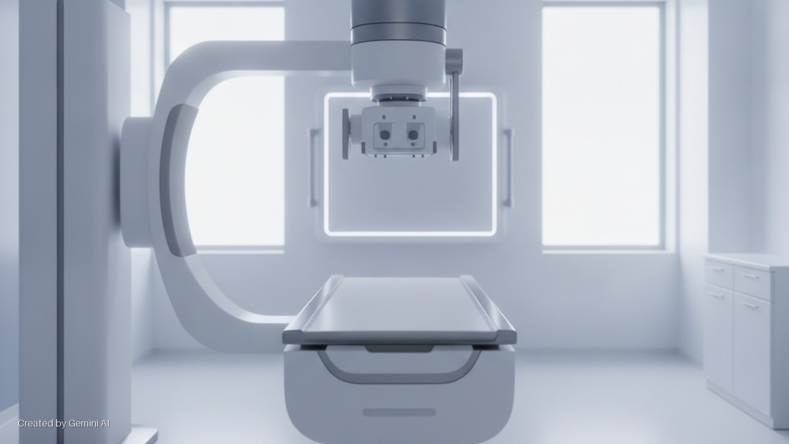A brightly lit, sterile medical room contains a white medical imaging machine with a patient table, a glowing screen, windows, and a cabinet.