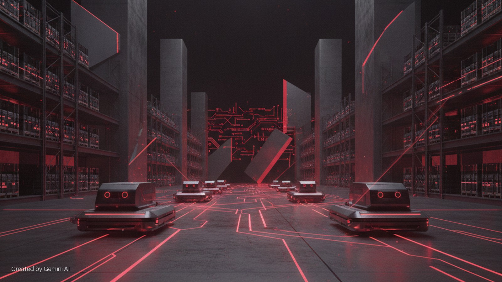 A dimly lit, futuristic automated warehouse features multiple black autonomous robots navigating on a floor with glowing red circuit patterns, flanked by tall shelves filled with red-lit inventory, under a prominent red circuit board design