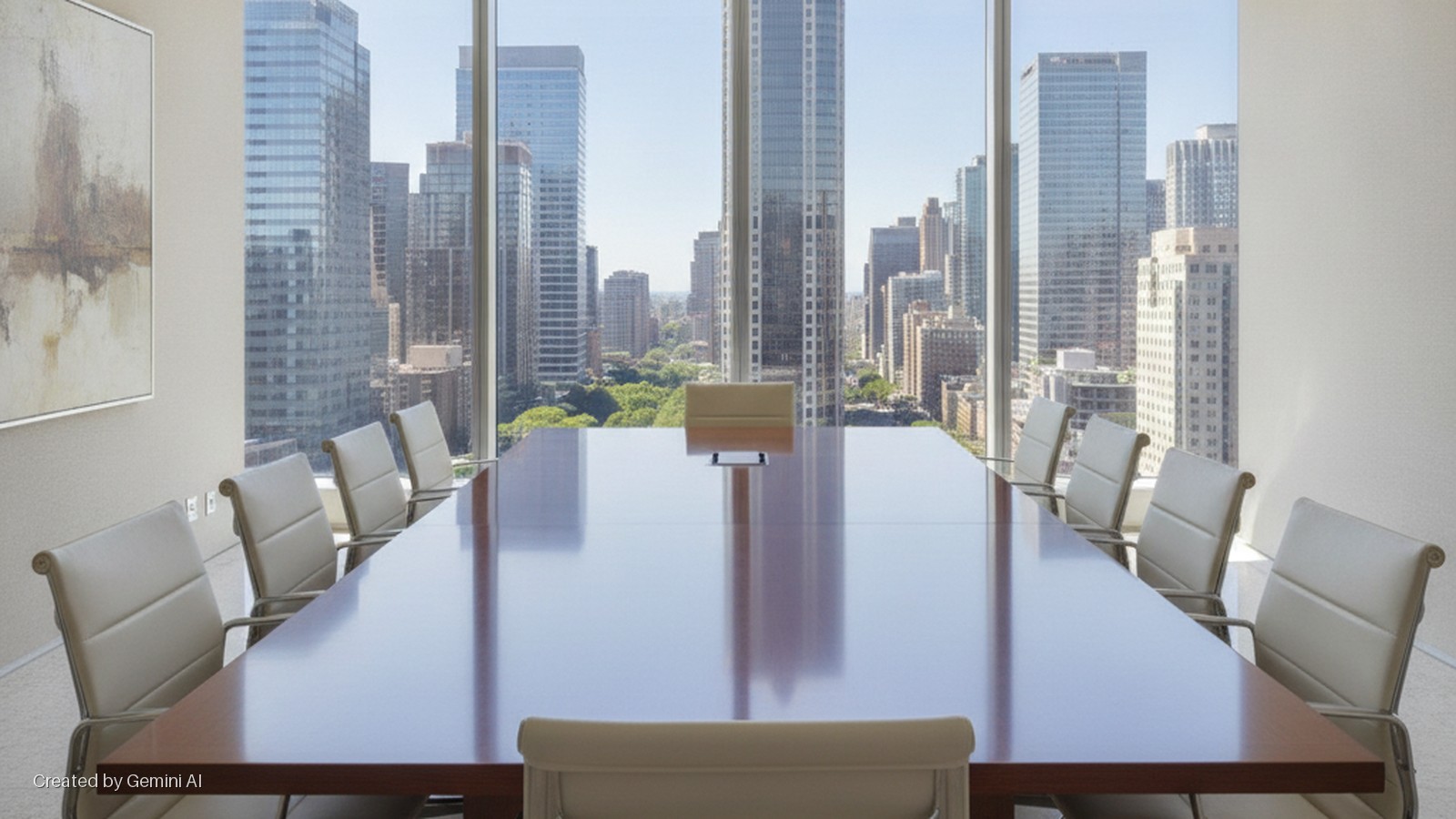 A brightly lit modern conference room with a long, reflective wooden table surrounded by cream chairs, an abstract painting on the wall, and a panoramic view of city skyscrapers and trees through large windows.