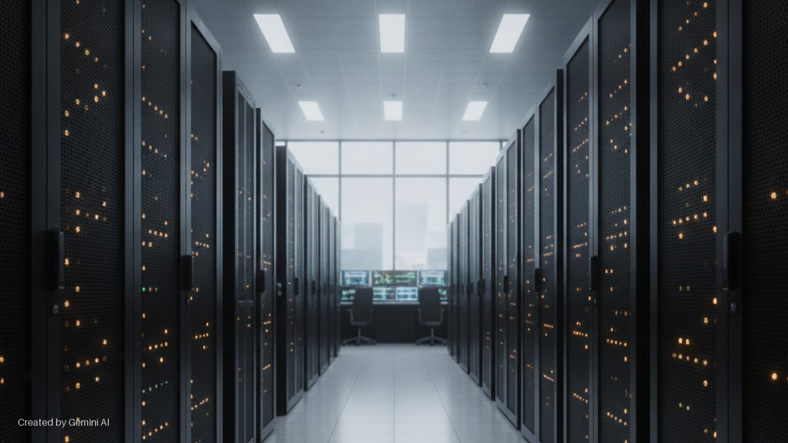 A long data center aisle is flanked by dark server racks displaying numerous glowing orange and green lights, leading to a bright windowed control area with desks, chairs, and monitors, under bright overhead ceiling lights.