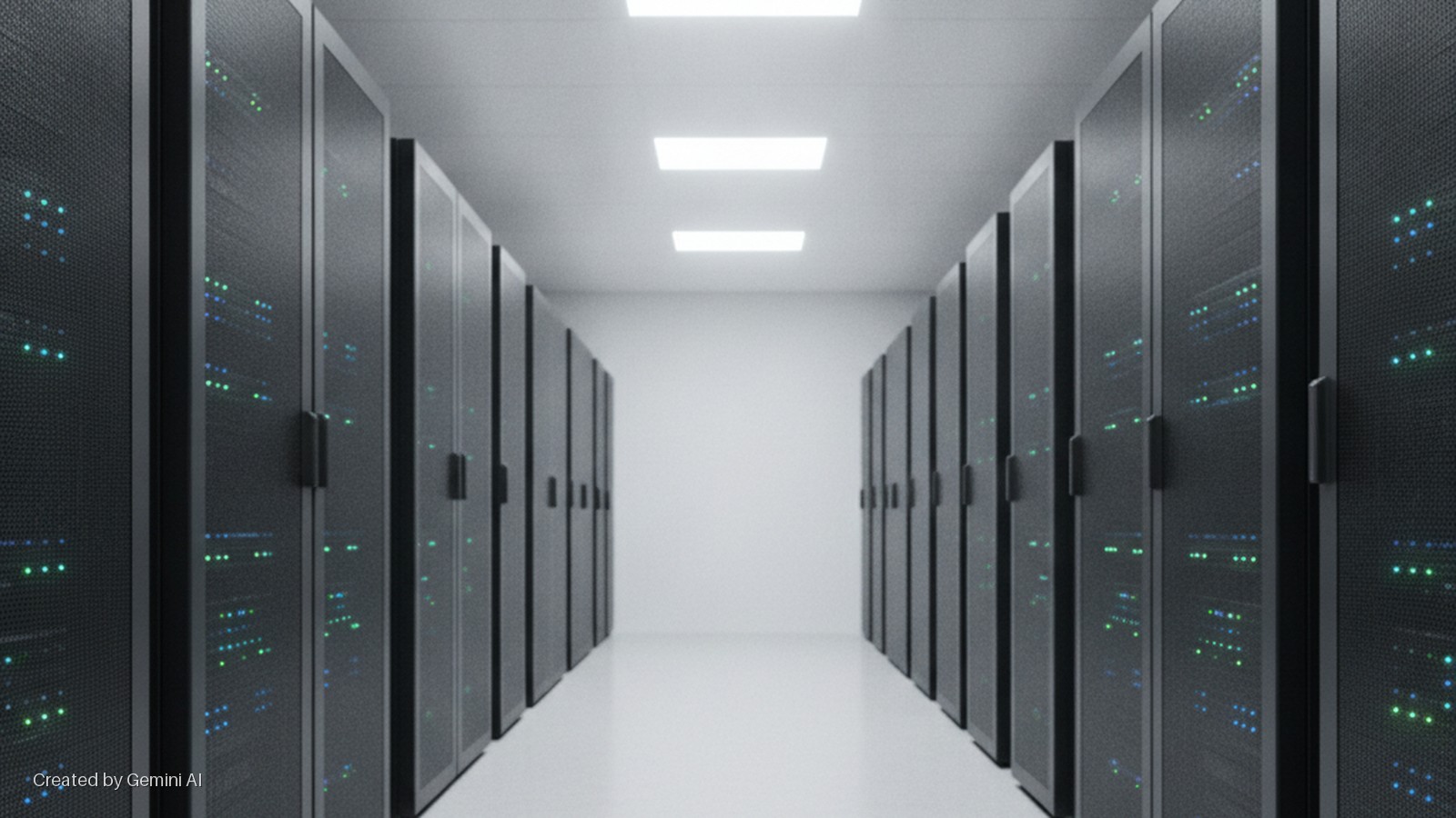 A long data center aisle is lined with black server racks displaying blinking green and blue indicator lights, illuminated by bright overhead rectangular lights.