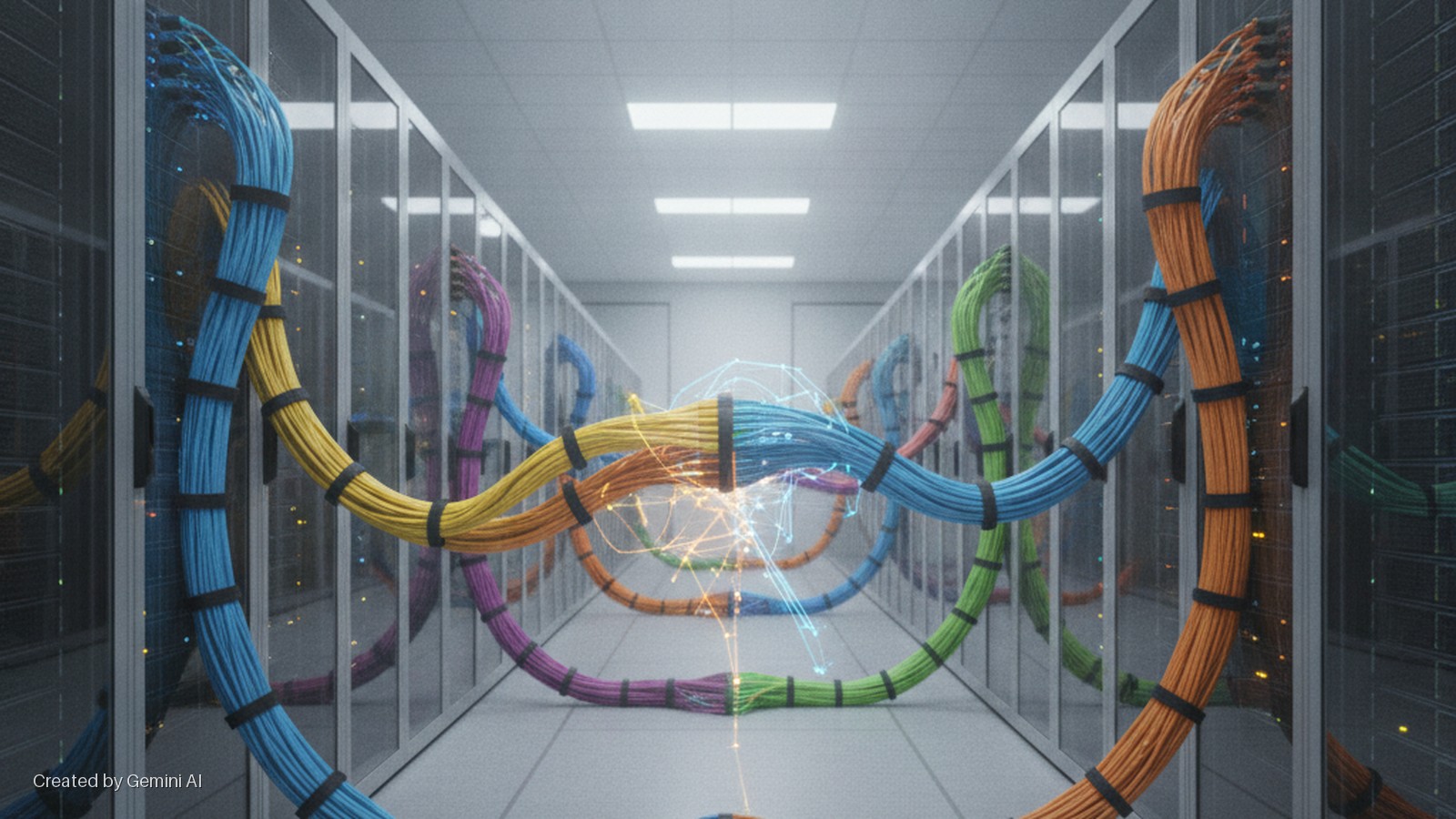 A brightly lit data center aisle is lined with server racks, where colorful bundles of network cables arc across the floor and connect, with glowing data streams converging and branching out from the center.