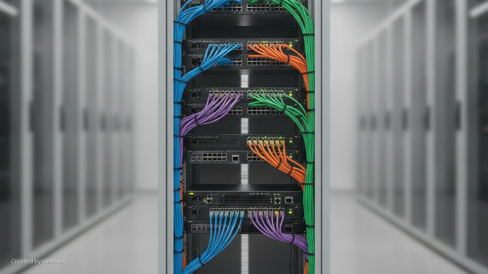 A brightly lit server room features a central server rack with neatly organized blue, purple, orange, and green ethernet cables connecting network switches, flanked by rows of blurred server cabinets.