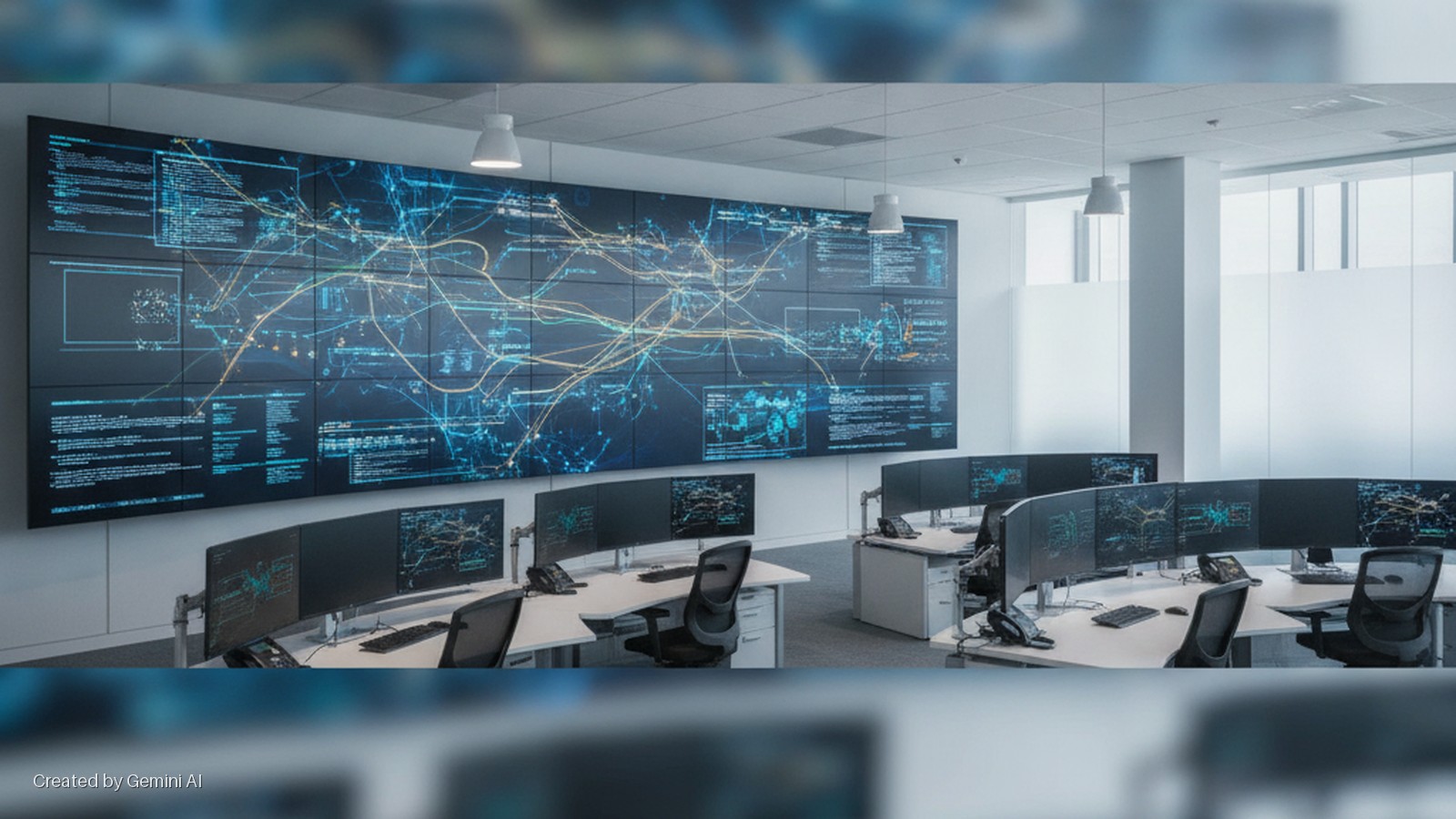 A brightly lit modern control room features a large video wall displaying a blue and yellow data network and text, with multiple workstations arranged in front, each equipped with curved desks, multiple computer monitors, keyboards, telepho