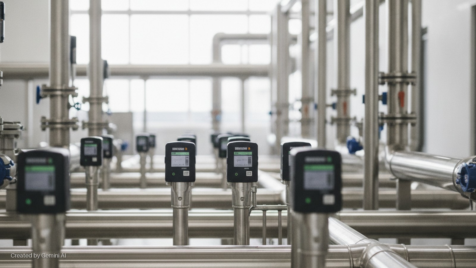 Brightly lit industrial facility with rows of stainless steel pipes, blue and red valves, and digital flow meters.