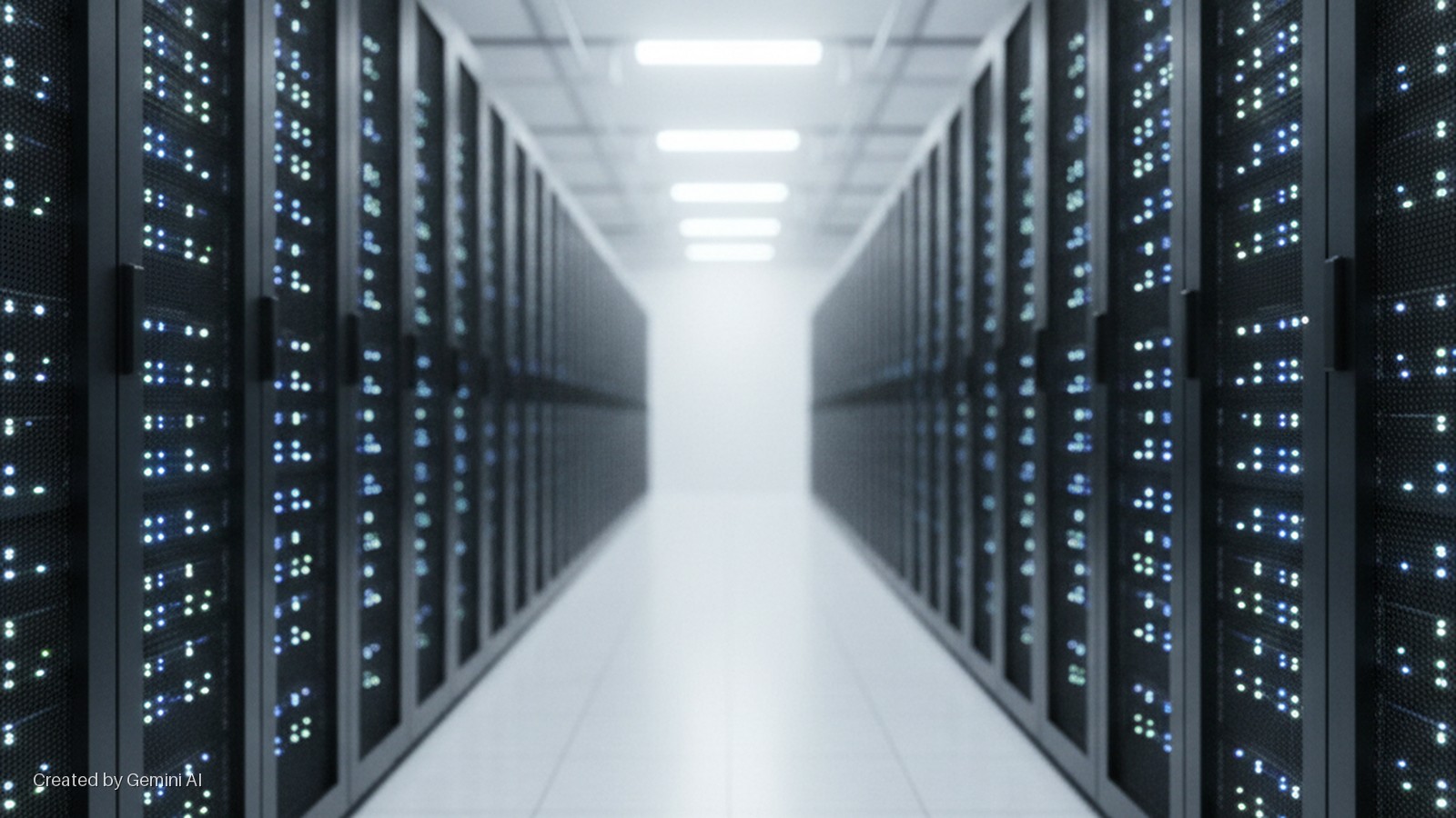 A brightly lit data center aisle features symmetrical rows of black server racks with numerous glowing blue and green LED indicator lights.