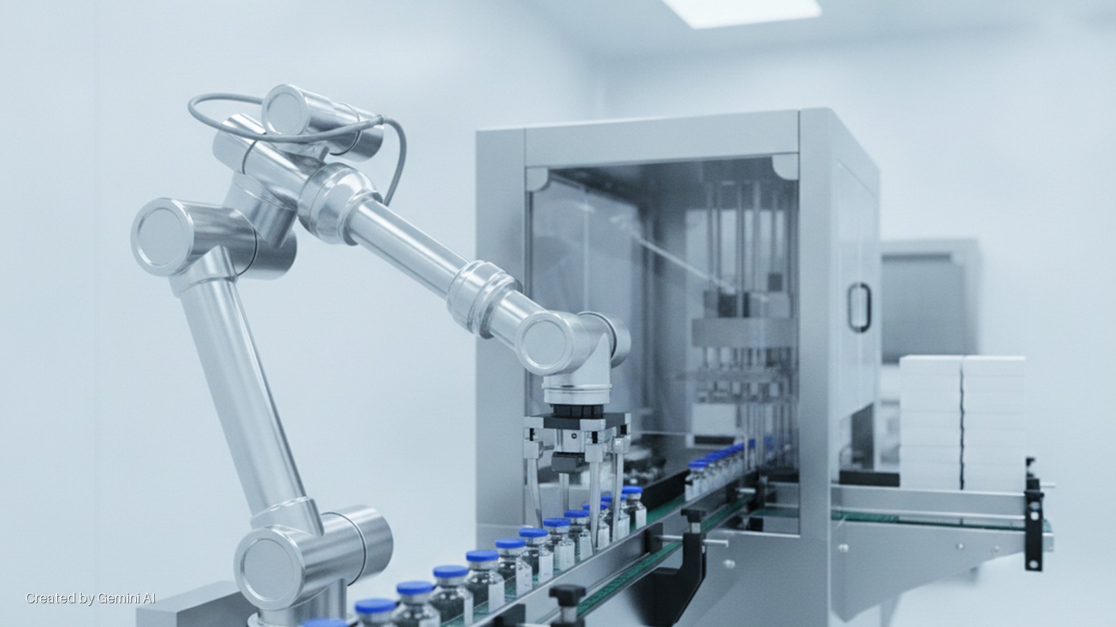 In a brightly lit clean room, a silver robotic arm works over a conveyor belt carrying glass vials with blue caps towards a processing machine and stacks of white packaging boxes.