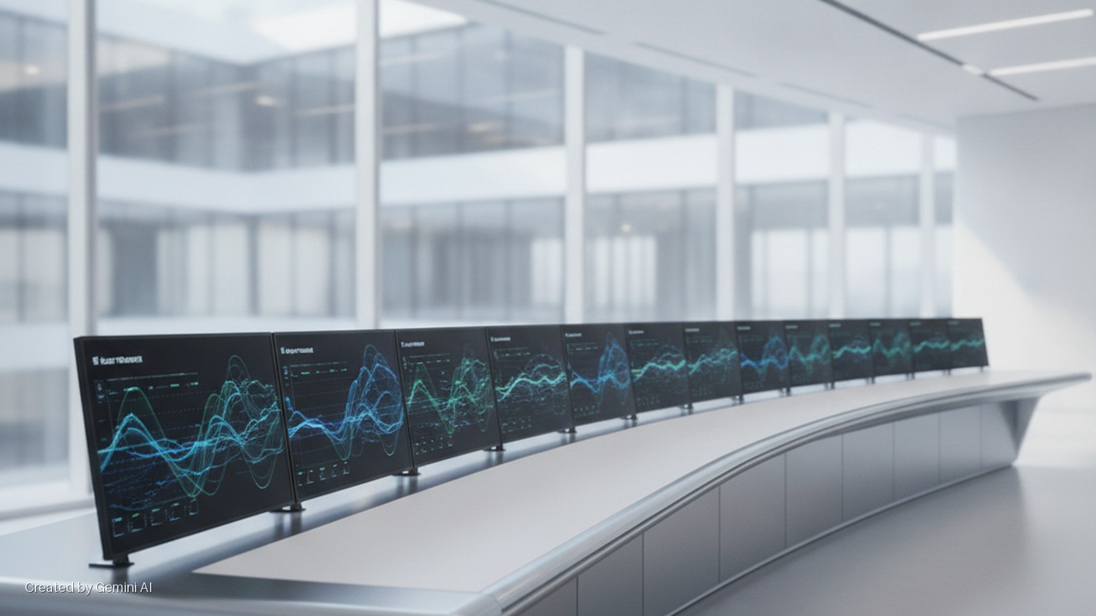 A modern control room features a long, curved desk with a row of monitors displaying blue and green waveform graphics, illuminated by bright natural light from large windows.