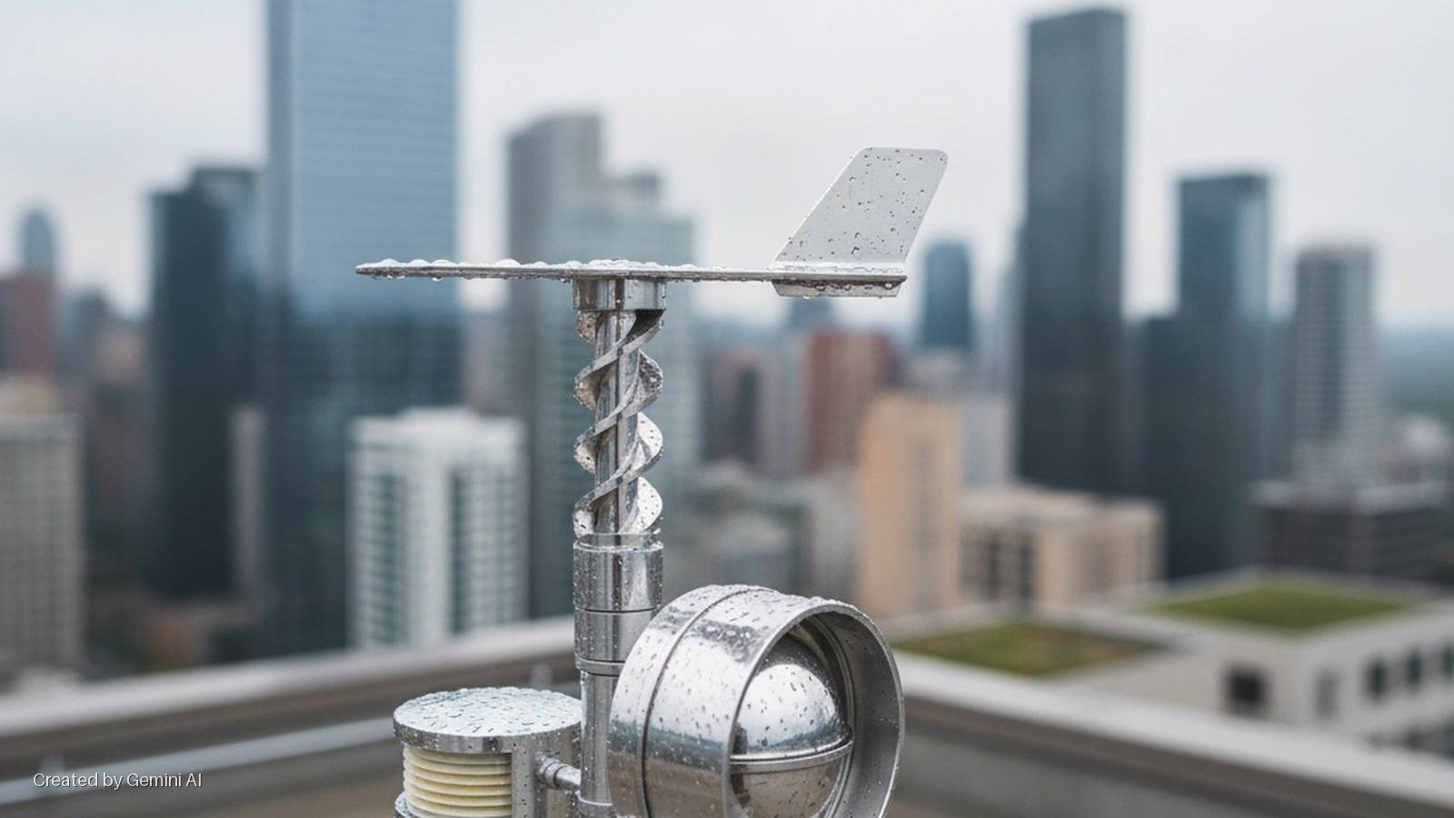A rain-soaked metal weather station, featuring a wind vane, spiral anemometer, and radiation shield, stands on a rooftop overlooking a blurred city skyline on an overcast day.