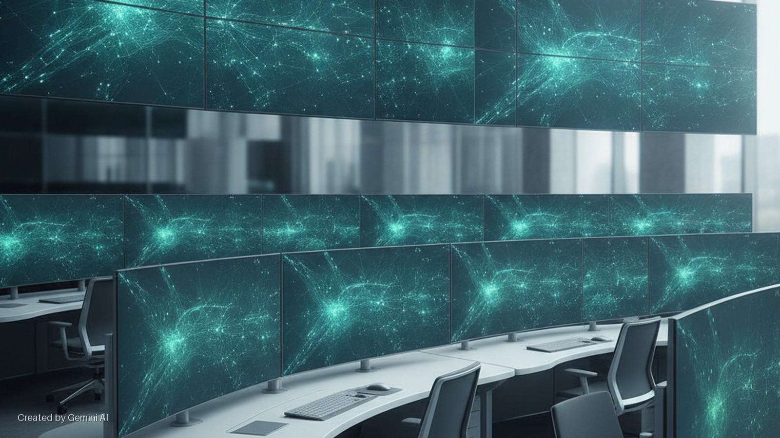 A modern control room features a large video wall and multiple curved workstations, each with several monitors displaying bright teal network patterns, along with keyboards, mice, and office chairs.