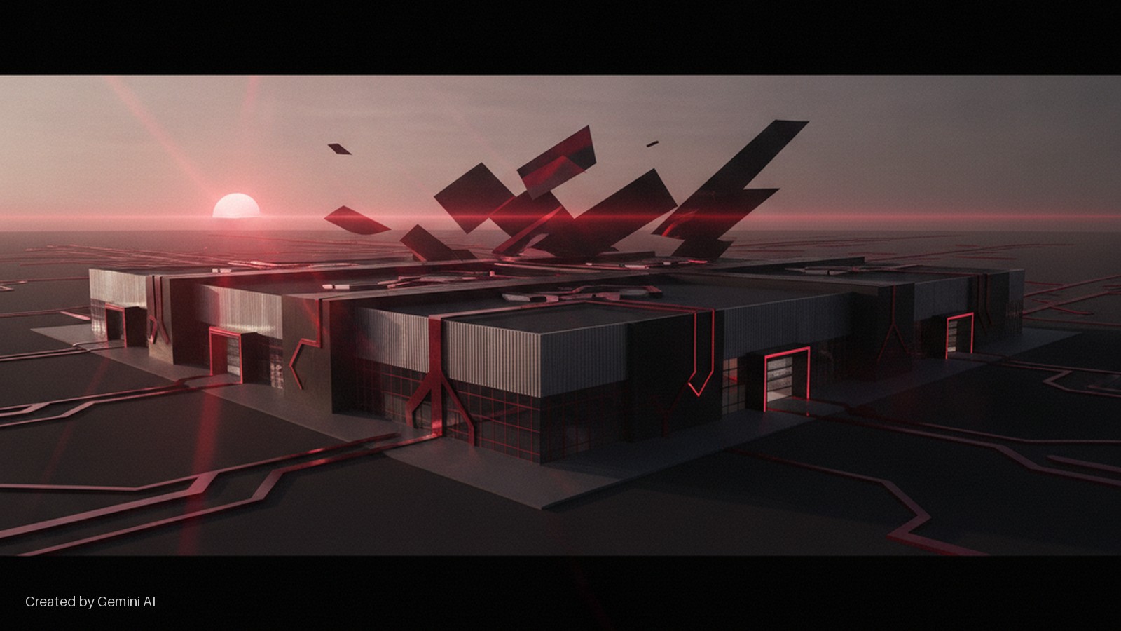 A dark, multi-sectioned futuristic building with glowing red outlines stands on a planar surface crisscrossed by red glowing lines, beneath a radiant red sunset and an array of sharp, fragmented red and black shapes hovering above.