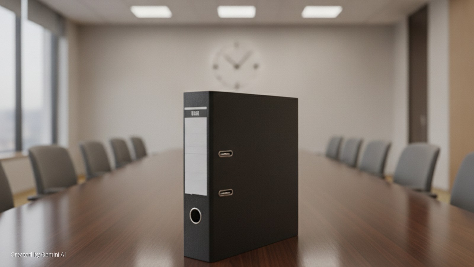 A black binder with a white label stands on a polished wooden conference table, centered in a bright modern office with blurred grey chairs, a window, a wall clock, and overhead lights.