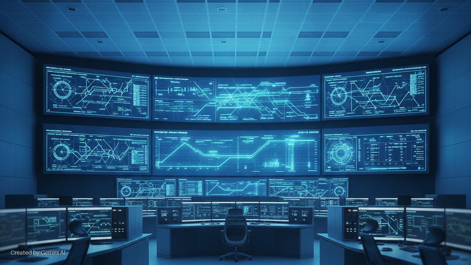 A dark control room features a large curved wall of screens displaying glowing blue charts and data, with multiple workstations equipped with desktop monitors and chairs in the foreground, all illuminated by the displays.