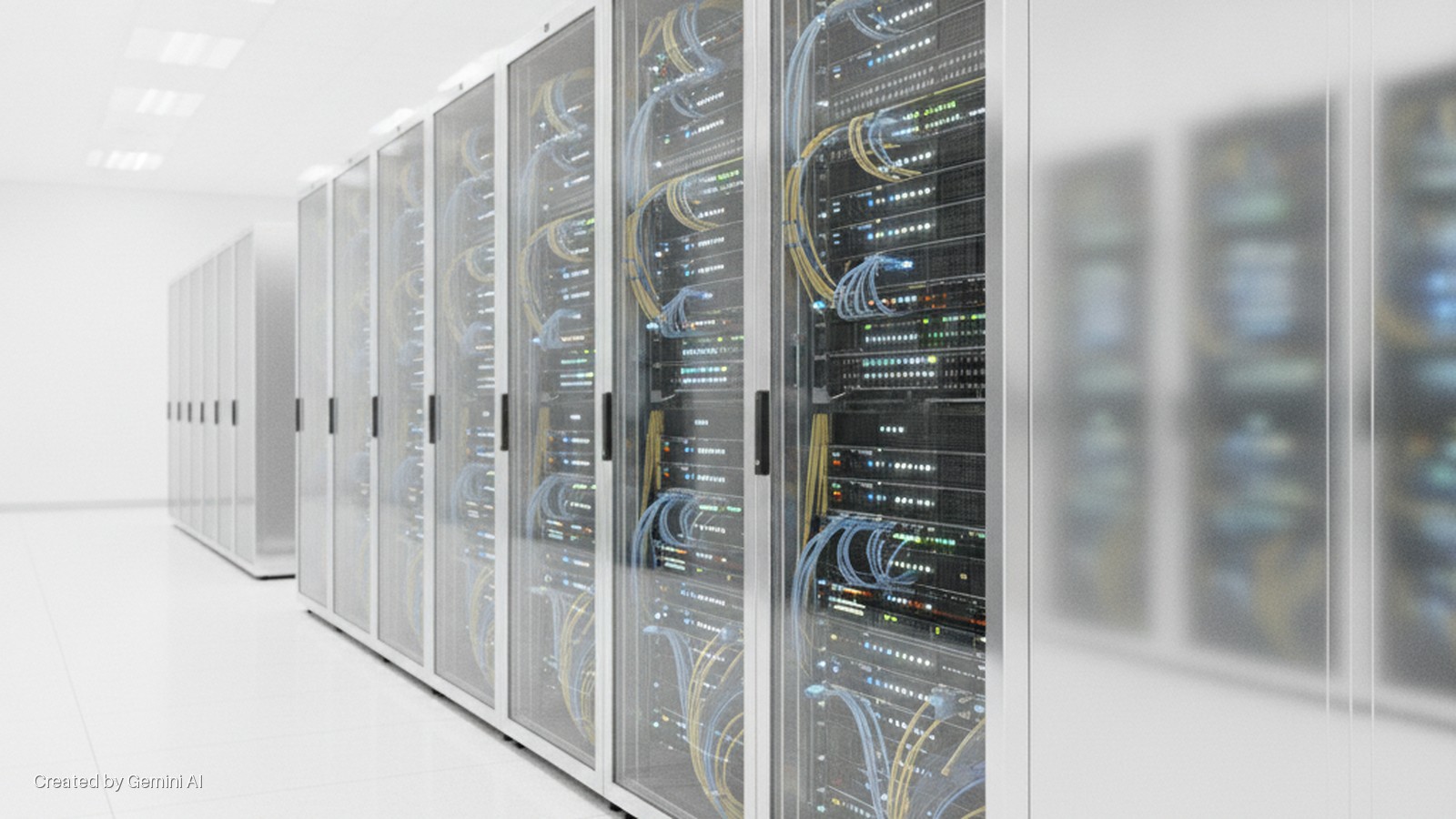 A brightly lit data center aisle features rows of server racks, some with glass doors revealing active servers and colorful network cables, with more racks receding into the background.