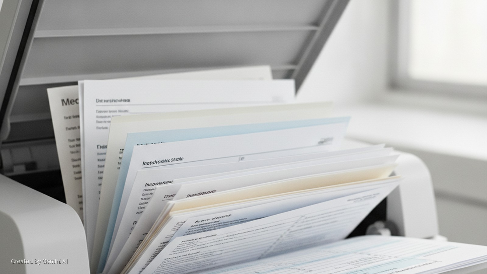 A document feeder is loaded with a stack of white and colored documents displaying text, illuminated by bright daylight from a background window.