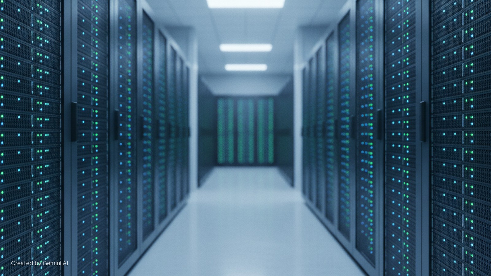 An aisle in a modern data center with rows of black server racks on both sides, displaying numerous glowing green and blue LED indicator lights, illuminated by bright overhead fluorescent lights.