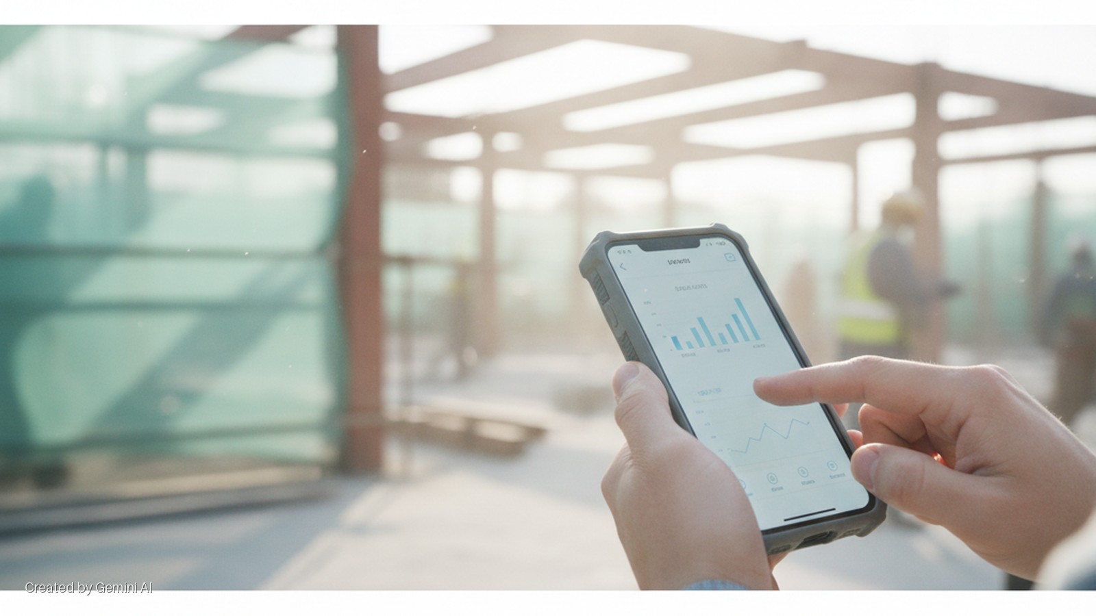Hands hold a rugged smartphone displaying data graphs, set against a brightly lit, hazy construction site with glass walls and steel beams.