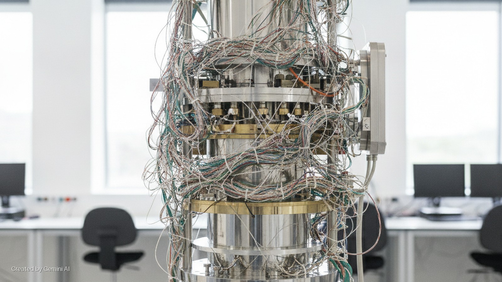 An extensively wired, multi-stage cylindrical metallic scientific apparatus stands in a bright laboratory with desks, chairs, and computer monitors visible through large windows.