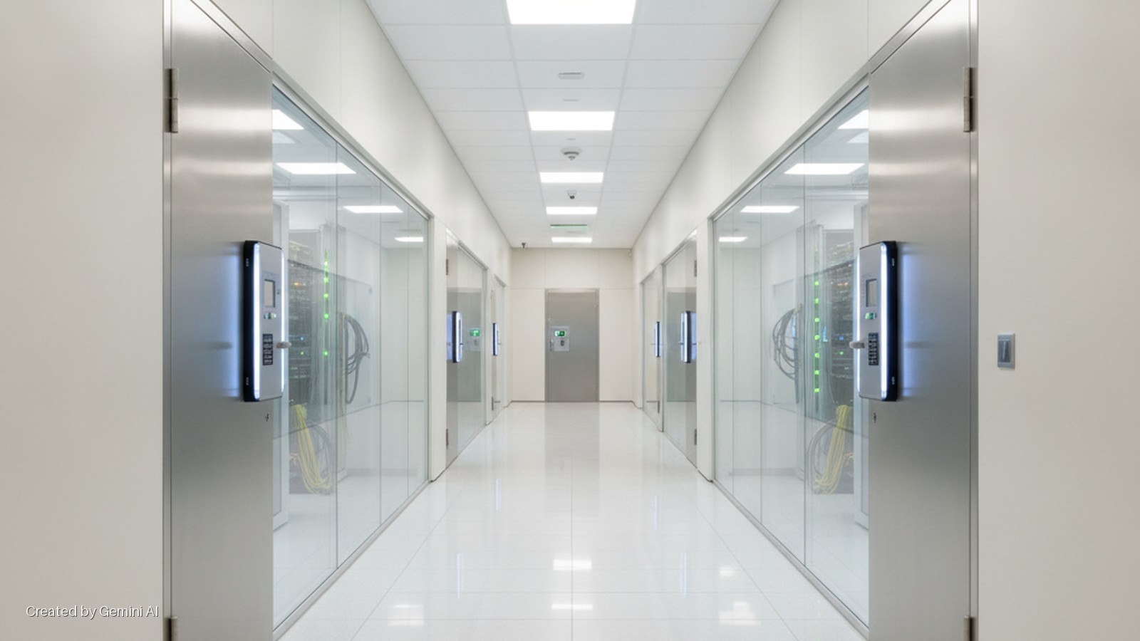 A brightly lit, modern hallway features glass walls displaying server racks, flanked by stainless steel doors with digital access panels, and a closed door at the far end.