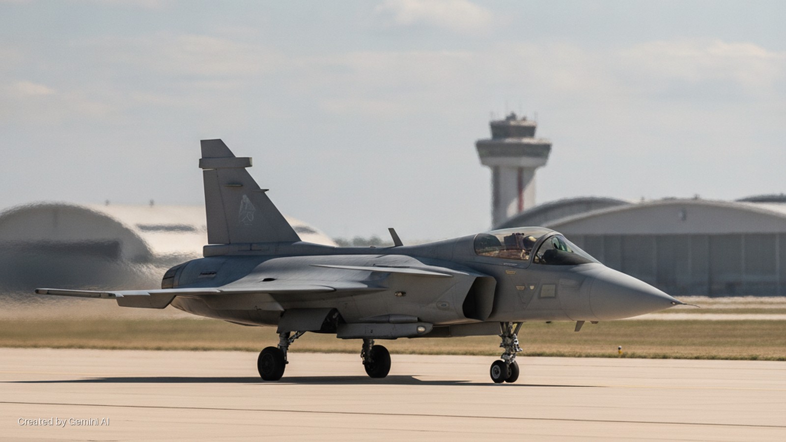 A grey Saab Gripen fighter jet is on an airport runway with an airport control tower and hangars visible in the background under bright daylight.