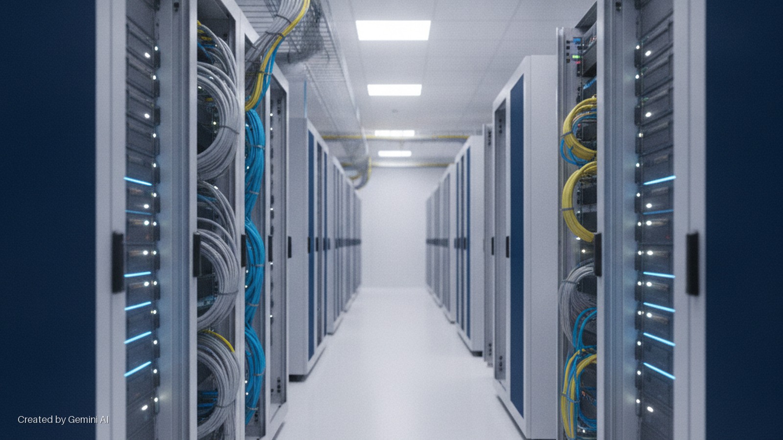 A well-lit data center hallway extends into the distance, flanked by rows of server racks displaying blue and white indicator lights and organized blue, yellow, and grey cables, under bright overhead fluorescent lights.
