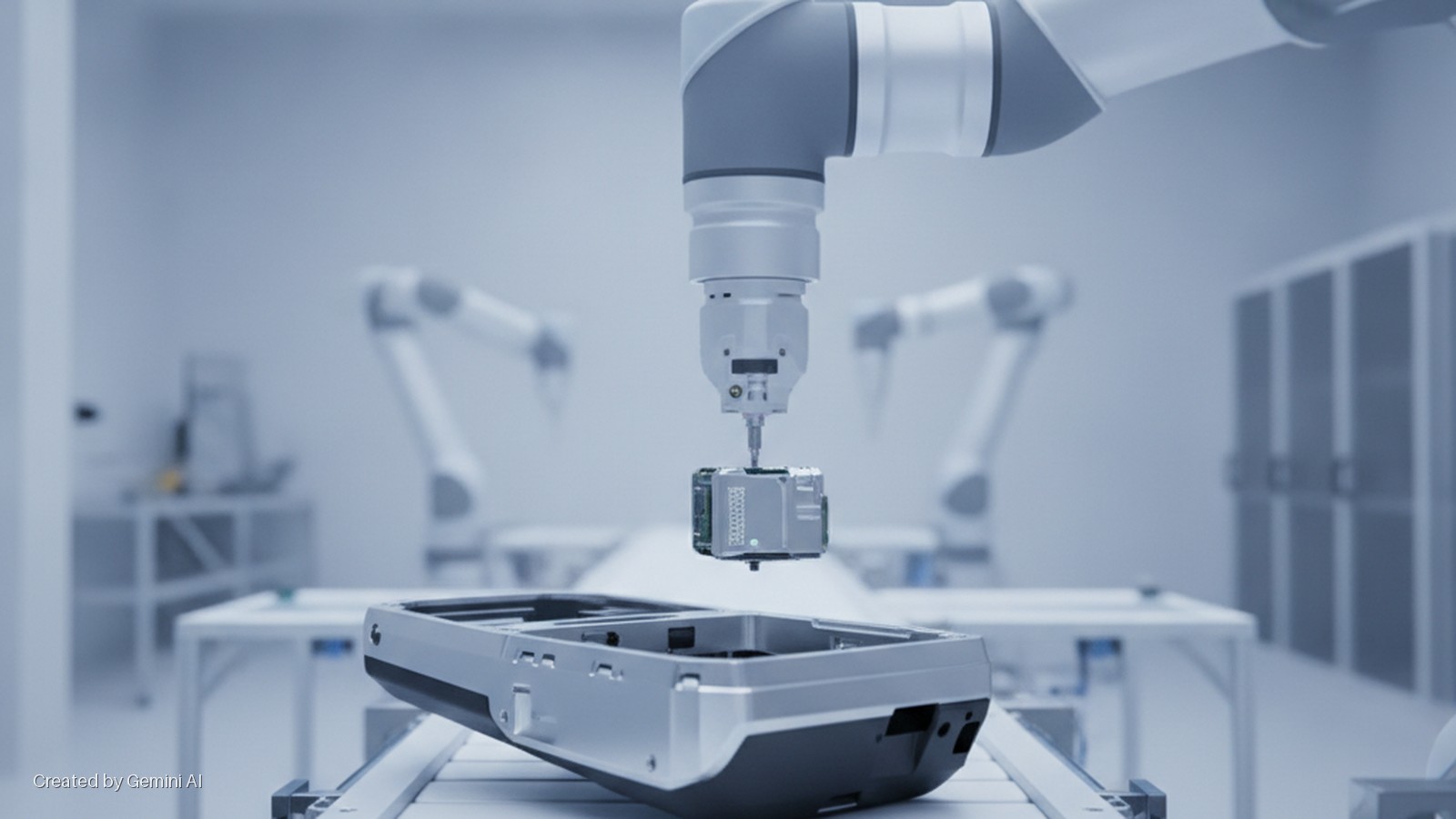 A robotic arm precisely installs an electronic module into a gray device chassis on a workstation, in a brightly lit, sterile facility with other blurred robotic arms and equipment in the background.