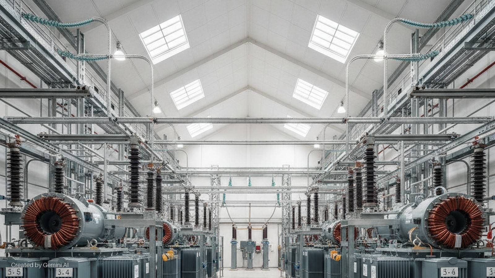A large indoor electrical substation features rows of grey transformers with visible copper windings, tall black insulators, and an intricate network of metal racks and cabling under a white vaulted ceiling with multiple skylights and brigh