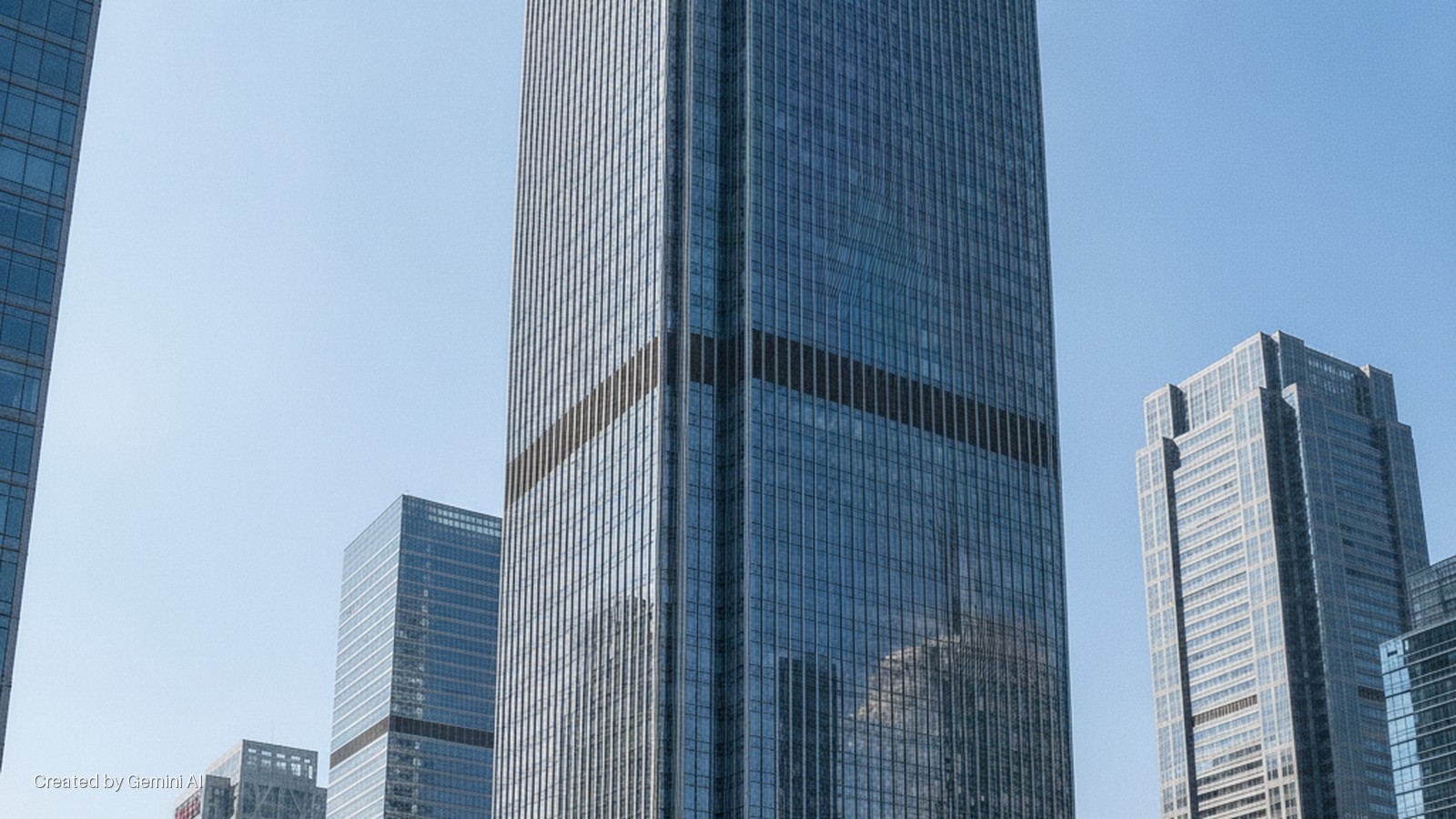 Modern glass skyscrapers tower against a clear blue sky.