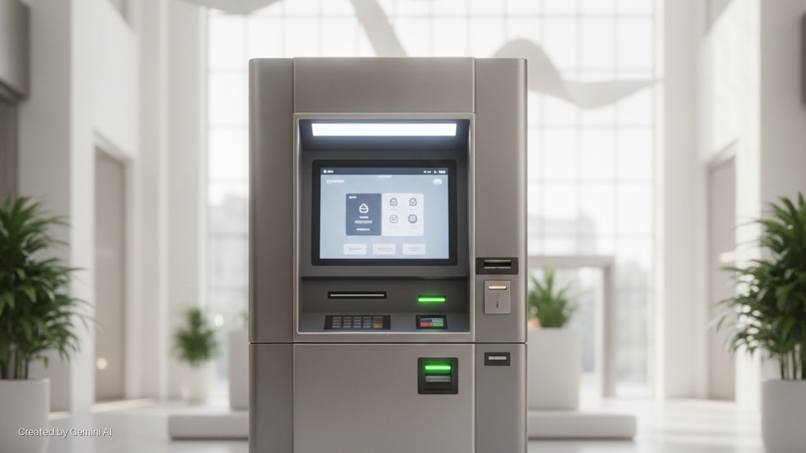 A modern gray ATM with an illuminated screen and green lights on its card and cash slots stands in a brightly lit, minimalist lobby featuring large windows and potted plants.