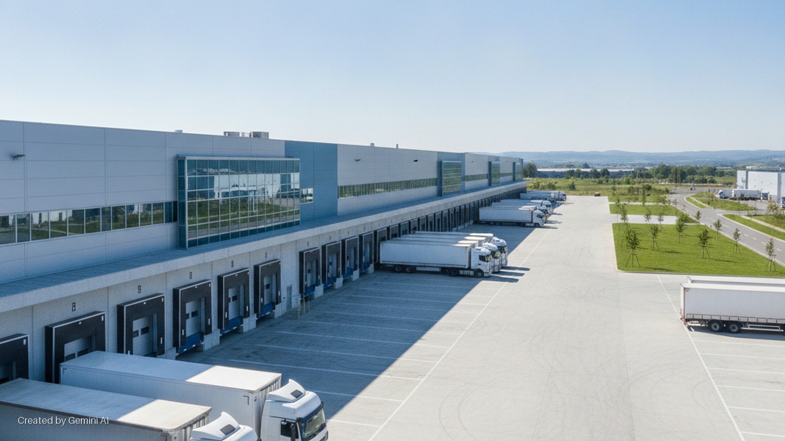 A modern logistics warehouse with multiple loading docks and white semi-trailer trucks parked in a large concrete yard on a bright, sunny day.