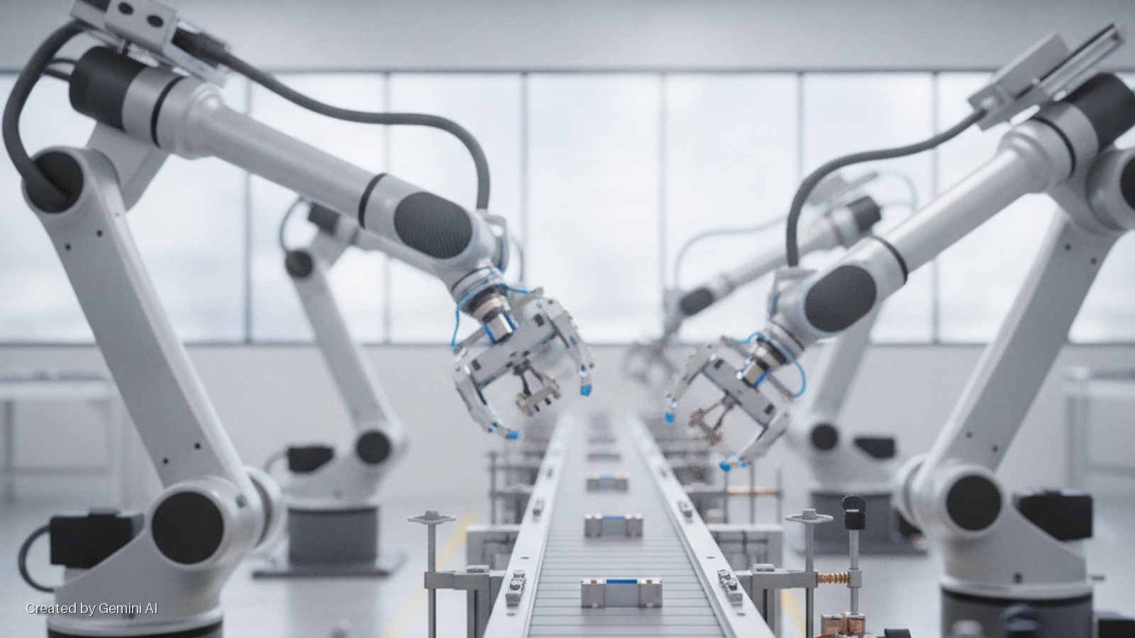 White robotic arms with grippers extend over a conveyor belt carrying grey components in a brightly lit factory with large windows.