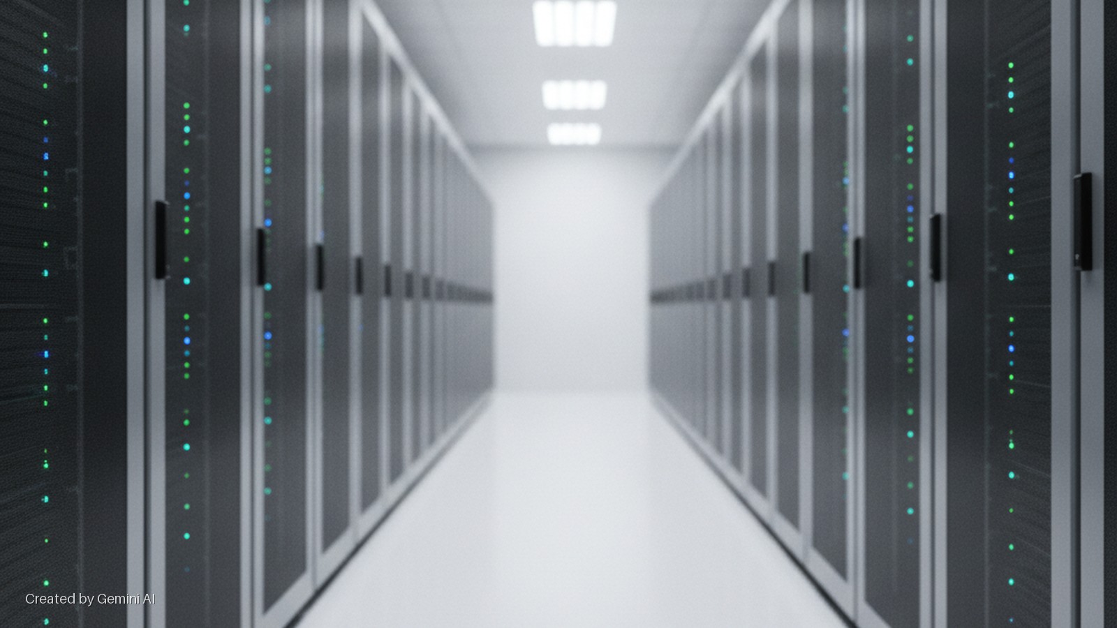 Data center aisle with rows of dark server racks featuring green and blue indicator lights, under bright overhead fluorescent lighting.