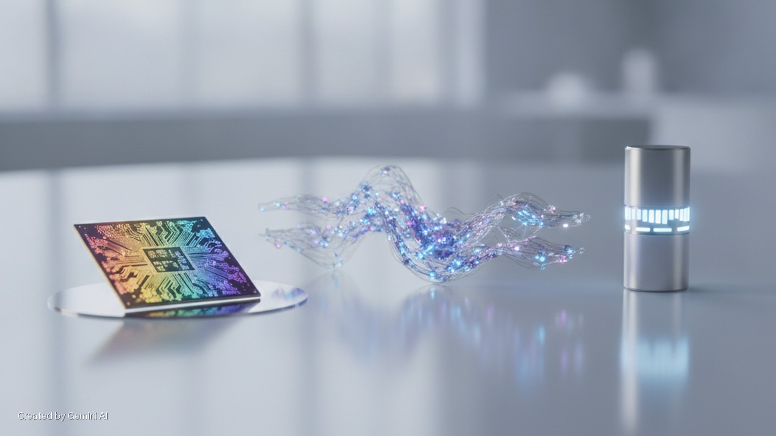 A rainbow microchip on a reflective disc, a wavy wire-like structure with blue and purple glowing particles, and a metallic cylinder with an illuminated bar display are arranged on a light-gray, reflective surface under soft, bright illumin