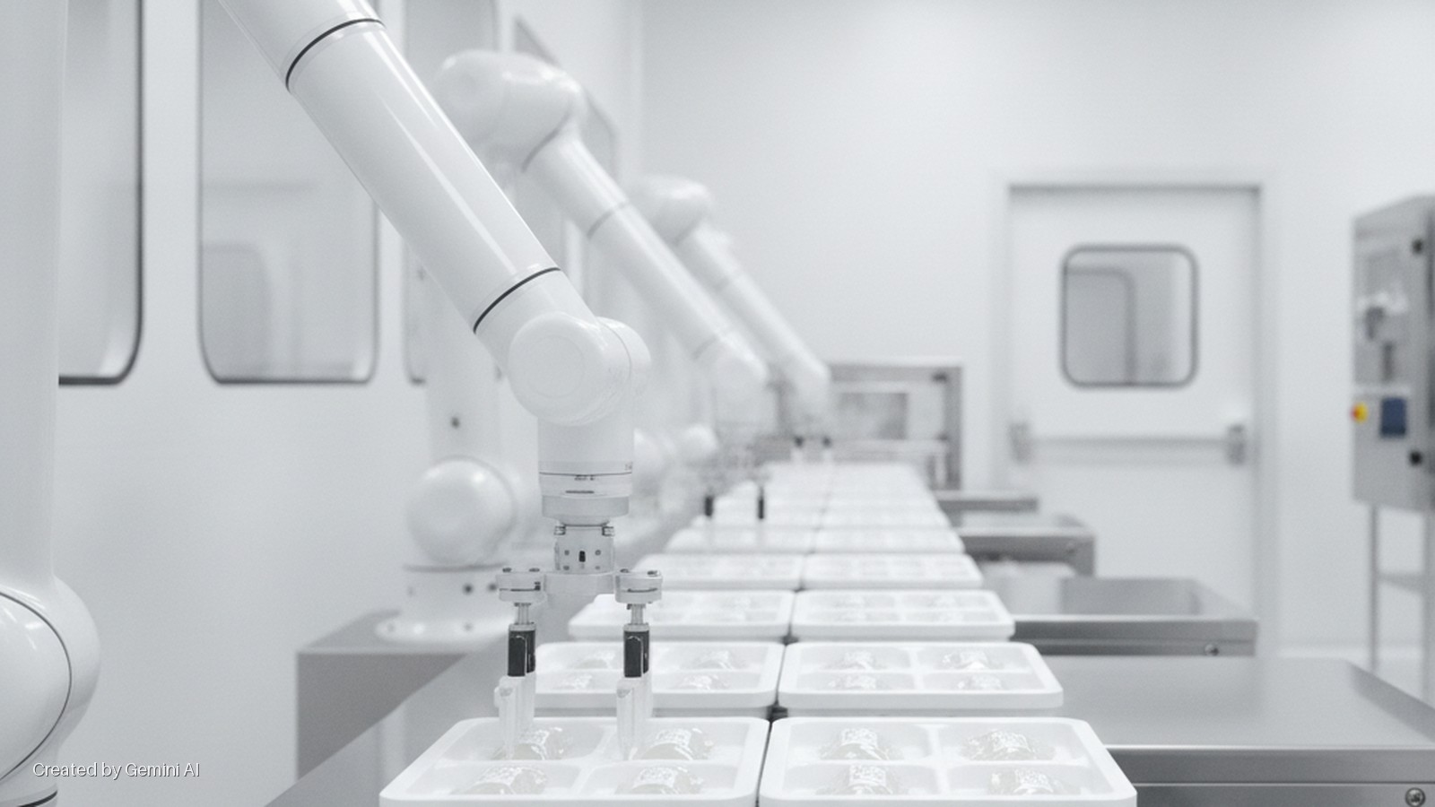 White robotic arms precisely handle small clear packages in white trays on a production line within a brightly lit, sterile cleanroom.