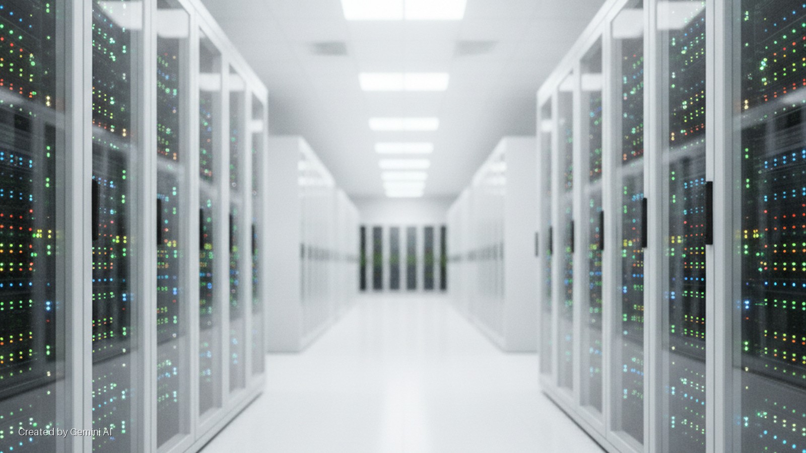A long, brightly lit data center aisle with white server racks lining both sides, their front panels glowing with numerous colorful indicator lights.