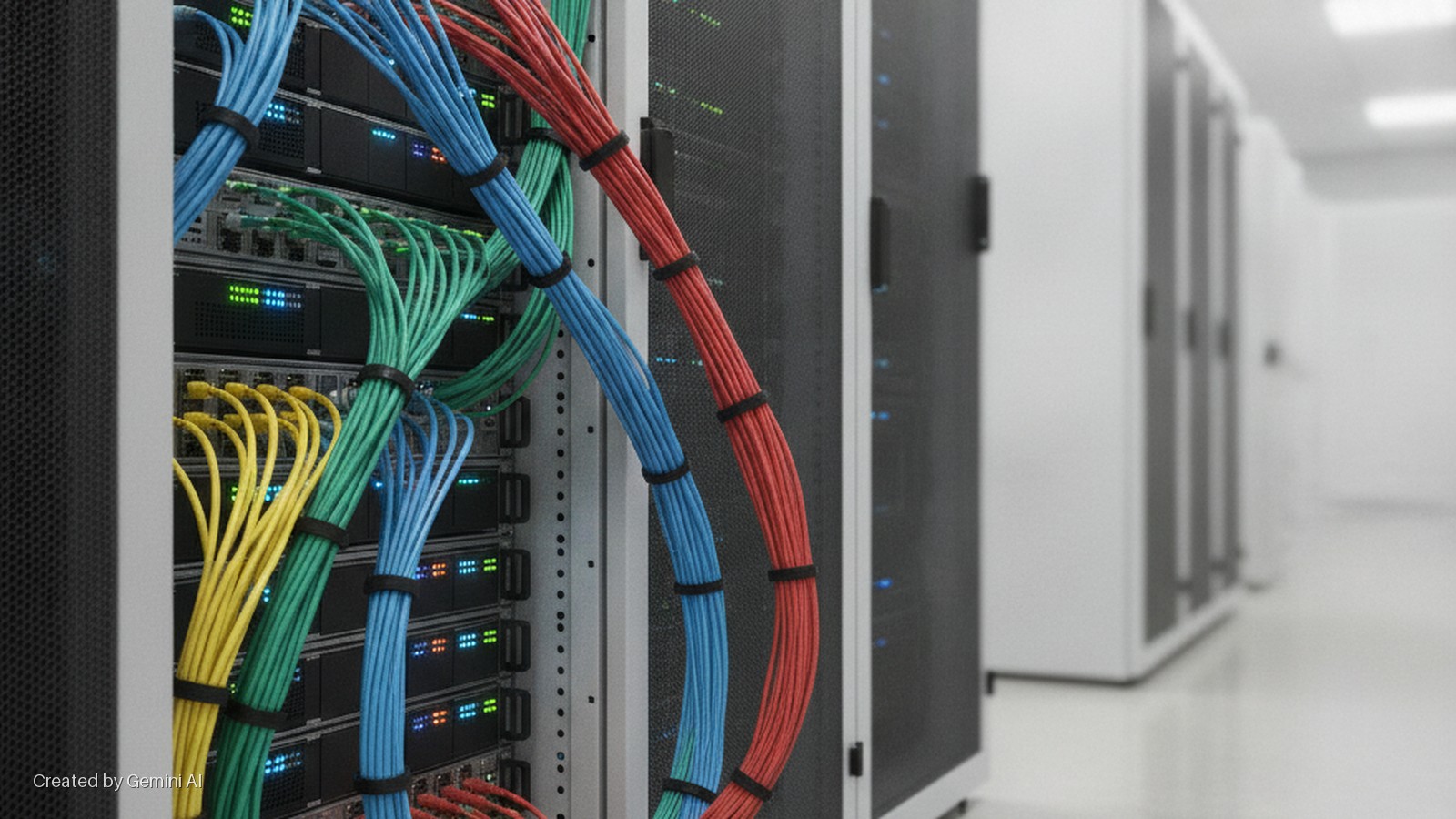 Neatly bundled red, blue, green, and yellow network cables connect illuminated server racks in a brightly lit data center.