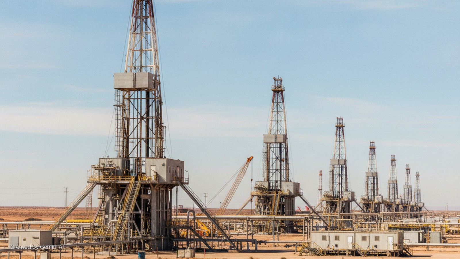 A long row of multiple oil drilling rigs and industrial facilities extends across a vast, arid desert landscape under a clear, bright daytime sky.