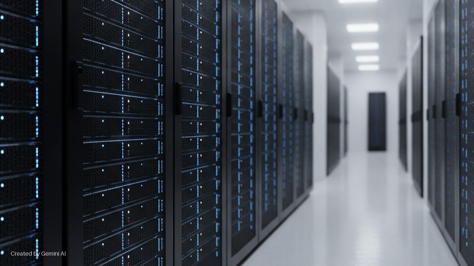 Rows of black server racks with glowing blue and orange indicator lights line a brightly lit white hallway in a data center, leading to a blurred dark doorway at the end.
