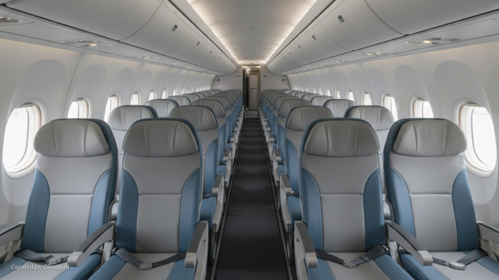Empty, brightly lit airplane cabin interior featuring rows of blue and grey passenger seats, windows along the sides, and an aisle leading to a door at the rear.